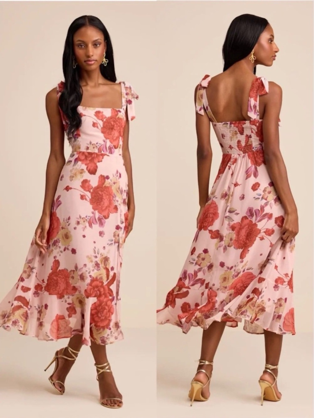 NWOT Lulus Summer Invite Blush Pink Floral Tie-Strap Tiered Midi Dress M